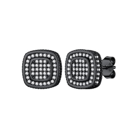 Silvora Sterling Silver Square Stud Earrings for Women Men Simulated Small Diamond Brilliant Jewelry Gift, Black