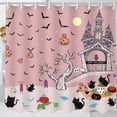 thumbnail image 1 of Spooky Halloween Pink Shower Curtain with Castle, Bats & Cats for Festive Decor!, 1 of 4
