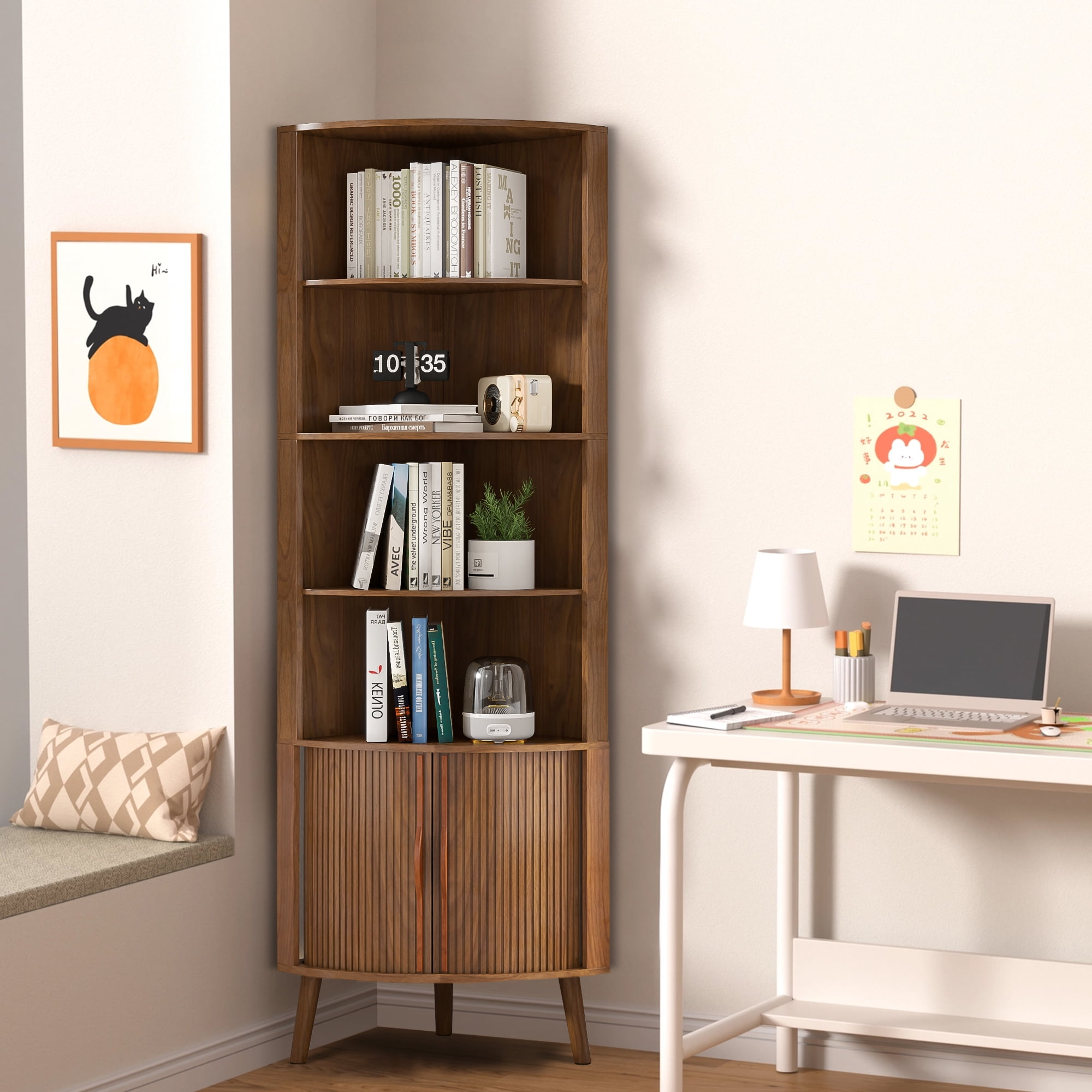 Bathroom Floor Corner Cabinet with Doors, Freestanding Narrow Storage Cabinets for Living Room, Kitchen, Walnut Color