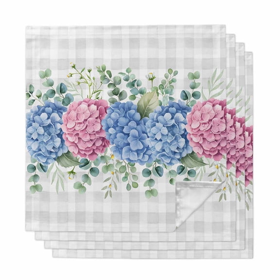 Cloth Napkins Set of 4 - 20x20 Inches, Blue Pink Hydrangea Washable Reusable Table Napkins, Eucalyptus Leaves Grey Plaid Soft & Absortbent Dining Napkin for Party Wedding Hotel Restaurant