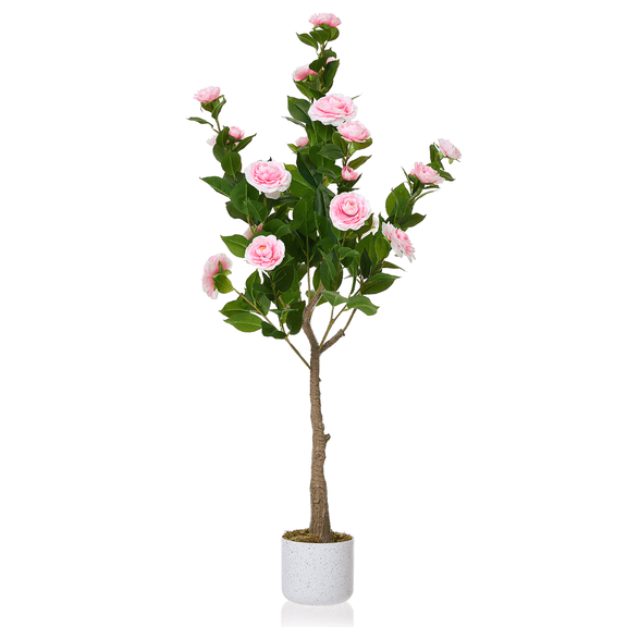 EcoSummer 4FT Artificial Camellia Tree with Pink Flowers, Faux Plant in Pot for Home Office Floor Decor