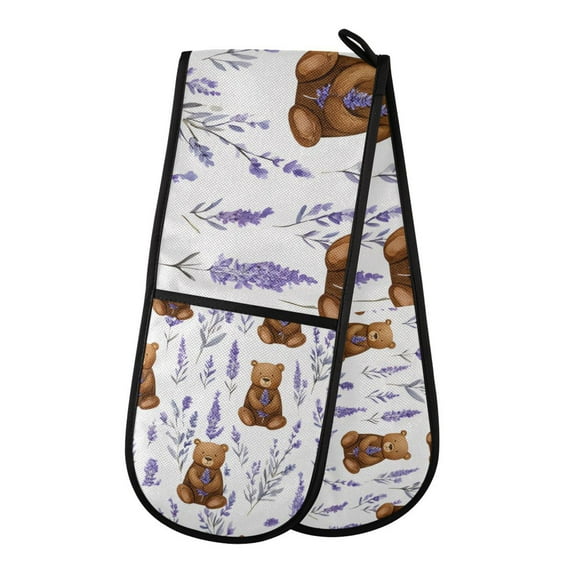 Yayeee Double Oven Mitt Kitchen Heat Resistant Baking 35" x7" Quilted Glove, Bear Lavender Pattern