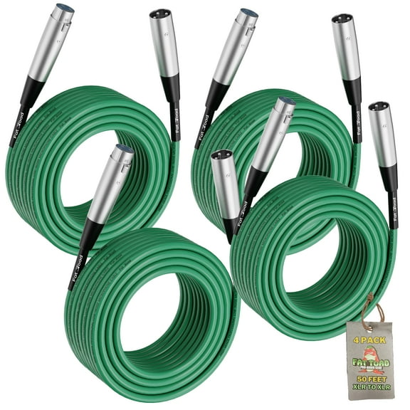 XLR Microphone Cables (4 Pack) by Fat Toad 50ft Professional Pro Audio Green Mic Cord Extension Patch with Lo-Z Connector 24 AWG Shielded Wire & Balanced for Music Recording Studio Mixer Gear