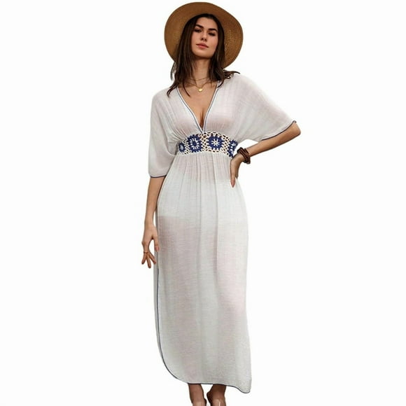 Women'S Embroidered Floral Maxi Dress, White, Loose Fit, V-Neck White L