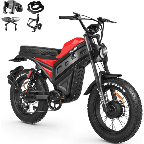 FREESKY 48V 60AH 200 Miles Long Range Dual Motor Electric Bike for Adult, 20" Fat Tires Full Suspension AWD All Terrain Ebike