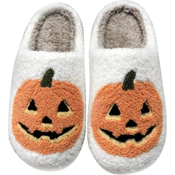 Halloween Pumpkin Slippers for Women Men Spooky Slides Soft Plush House Slippers Indoor Outdoor Shoes