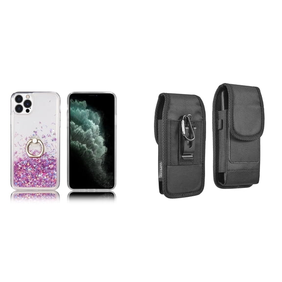 Waterfall Liquid Glitter Stand Case and Belt Holster Pouch for iPhone 14 Pro - Pink Purple