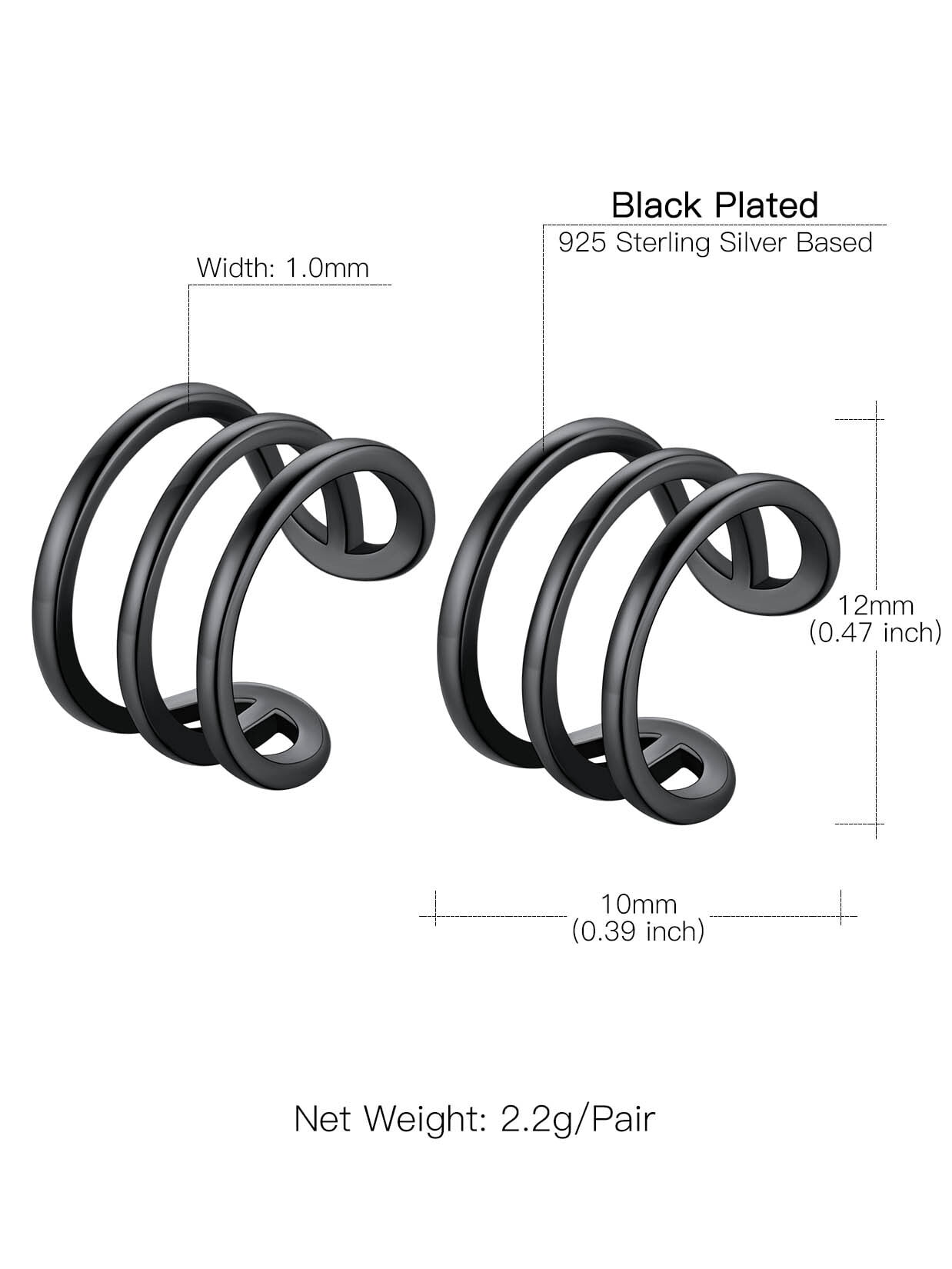 Suplight 925 Sterling Silver Black Plated Ear Cuffs Earrings, Three Layer Smooth-Surface Huggie Clip On Cartilage Earrings for Women