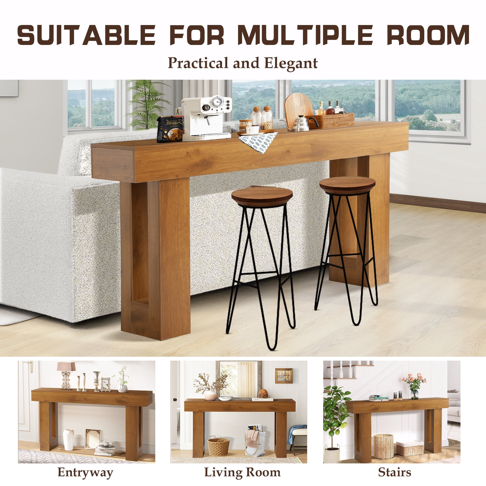 Magic Union 63" Long Console Table for Entryway, Wood Rectangular Sofa Table Behind Couch with 2-tier Open Storage and Weighted Base, Foyer Accent Tables for Entryway, Hallway, Living Room