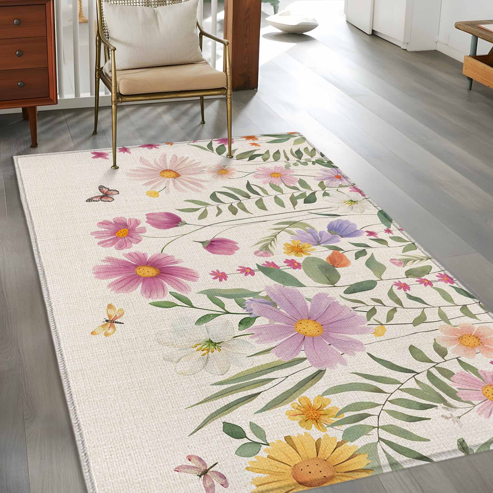 Non-Slip Rug Pad Rugs Farm Vintage Watercolor Flowers Rectangle Area Rugs 4x6Ft Soft Carpet Pads for Living Room Kids Room Country Floral Butterfly