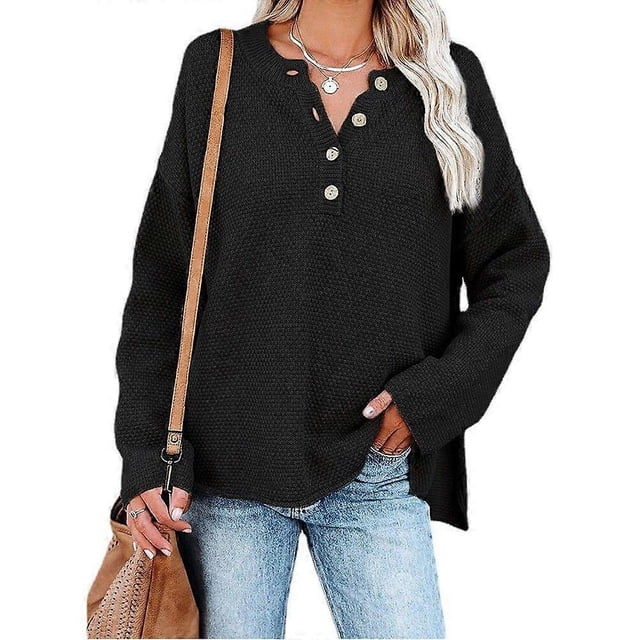 Women's Button V-Neck Long Sleeve Sweater Waffle Knit Pullover for Autumn Winter