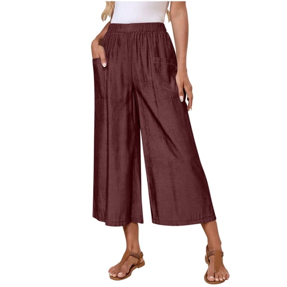 Stamzod Summer Pants for Women High Waisted Wide Leg Capri Pants Dressy Casual Capris with Pockets Beach Vacation Clothes Wine XXL