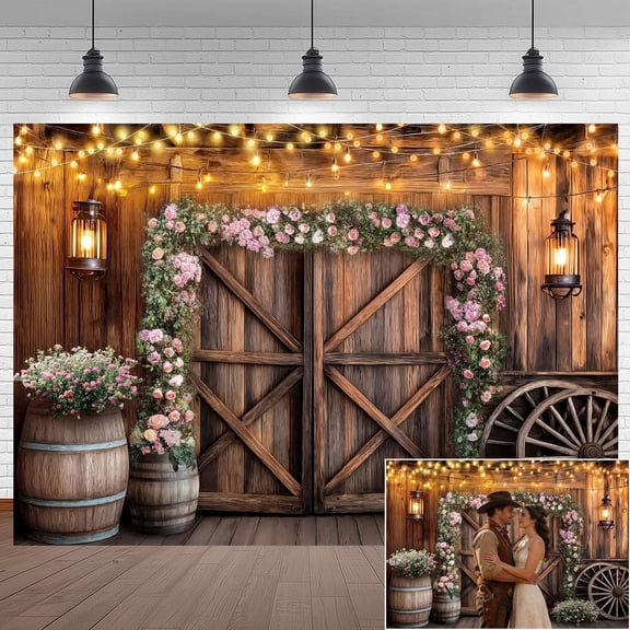 7x5FT Country Wedding Backdrop Rustic Wooden Barn Door Bridal Shower Background Farmhouse Pink Flower Engagement Party Decorations Banner Supplies Photo Booth Props