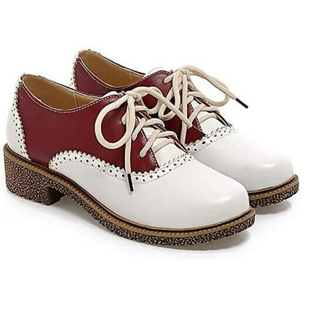 

Women s Vintage Leather Brogues Oxfords Low Chunky Heel Lace Up Dress Shoes 4.5
