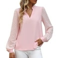 thumbnail image 2 of Womens Blouses Autumn Winter Solid Color Chiffon Spliced V Neck Long Sleeve Loose Tops Streetwear, 2 of 7