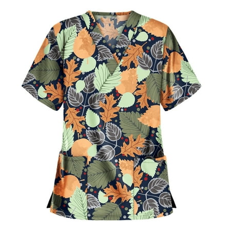 

Womens Scrub_ Tops Fashion Cartoon Print Short Sleeve V-Neck Nurse Uniform with Pockets