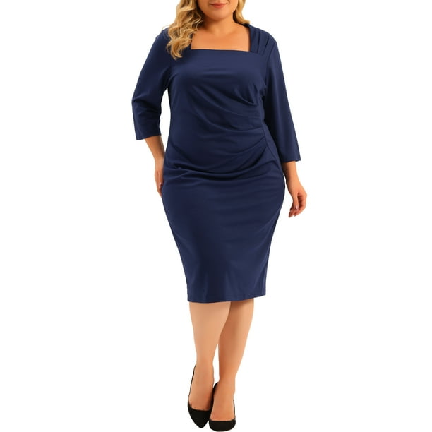 Vestido de talgrande pamujer cuello cuadrado medmanga plisado vestidos de tubo delanteros azul real 3xl agnes orinda vestidos