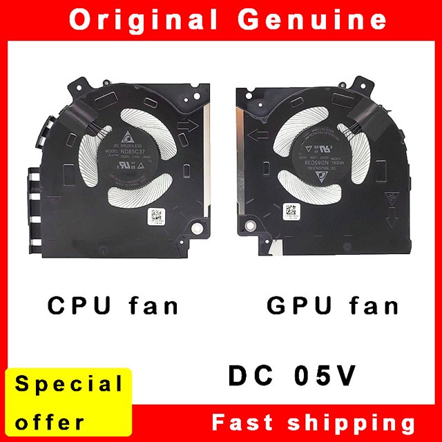 Nouveau Refroidisseur de Ventilateur de Refroidissement pour Ordinateur Portable CPU GPU pour Dell Alienware X15 R1 R2 P111F P111F001, Présentant les Modèles ND85C37 et ND85C38. l'Image Montre Deux Ventilateurs de Refroidissement Noirs Étiquetés Ventilateur CPU et Ventilateur GPU, Conçus pour une dissipation Efficace de la Chaleur dans les Ordinateurs Portables Dell Alienware. Compatible avec les Numéros de Pièce 7M2CV, 2H5HD et Autres. les Ventilateurs Fonctionnent en DC 05V et Ne Sont
