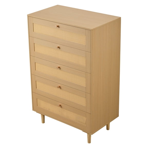 5 Drawer Rattan Dresser, Modern Chest of Drawers with Metal Handles & Wooden Legs, Bedroom Storage Organizer for Living Room, Hallway