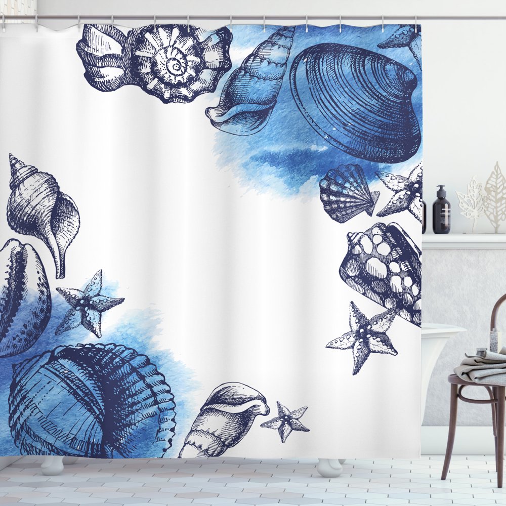 Ocean Shower Curtain, Sealife Sea Shells and Sand Stones Deep Water
