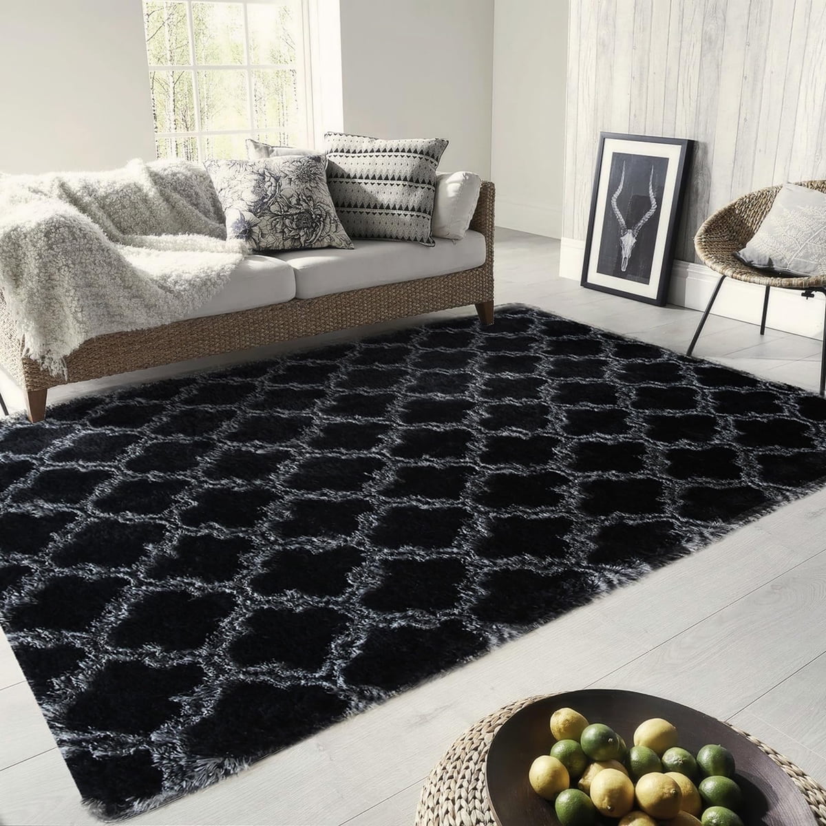Brochao 5'x8' Geometric Shag Area Rug for Living Room, Diamond Indoor Area Rug, Fluffy Carpet Plush Rug, Soft Home Floor Bedroom Carpet, Black