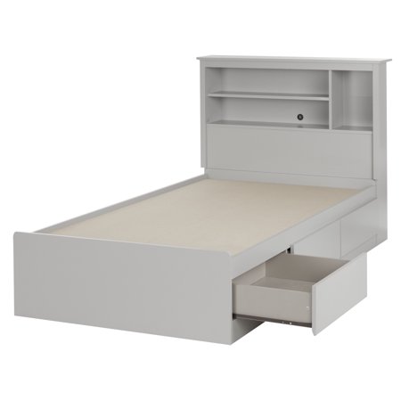 South Shore Vito  Contemporary Twin Mates Bed With Bookcase Headboard Set  Soft Gray