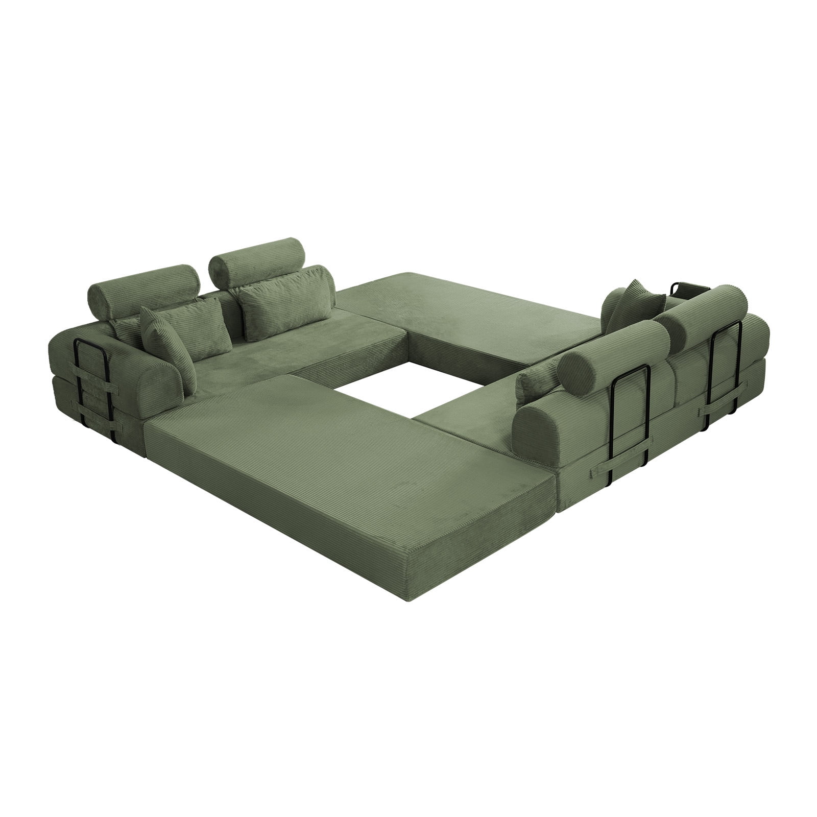 L-Shaped Sectional Sofa Converts to Bed, Corduroy Chaise Lounge with 28D High-Density Foam, No Assembly Compressed Couch for Apartments and Studios, Grayish Green