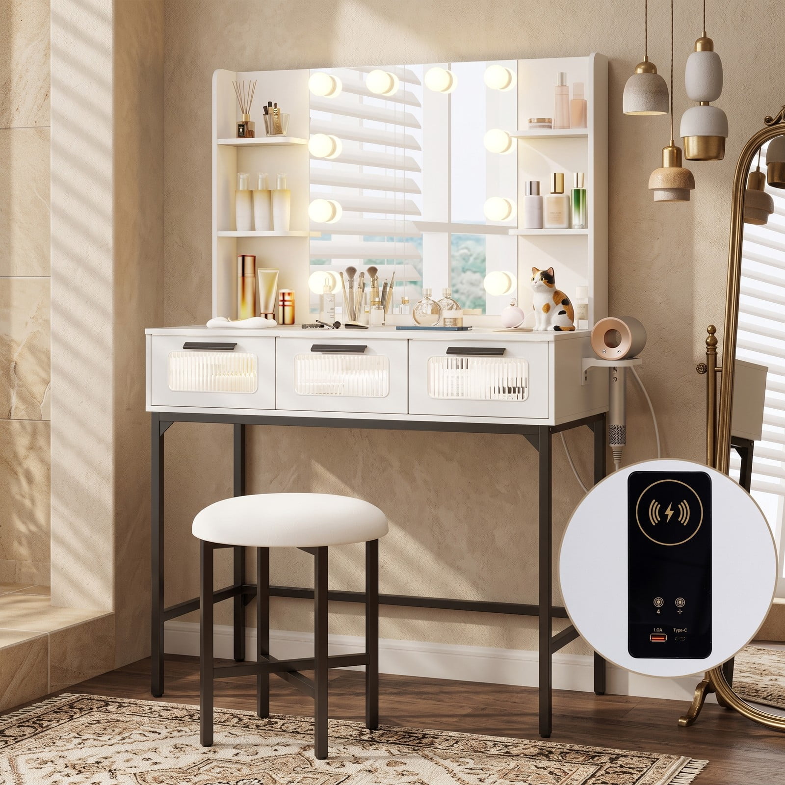 Furnibear Makeup Vanity Desk with Hollywood Mirror and 10 Lights Padded Stool Built-In Charging Station for Bedroom, White