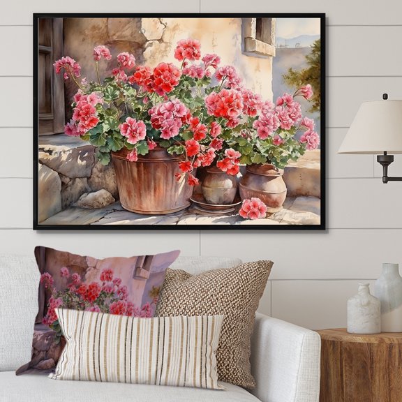 Designart "Sunset With Geraniums In Pottery" Geraniums Floater Framed Wall Decor
