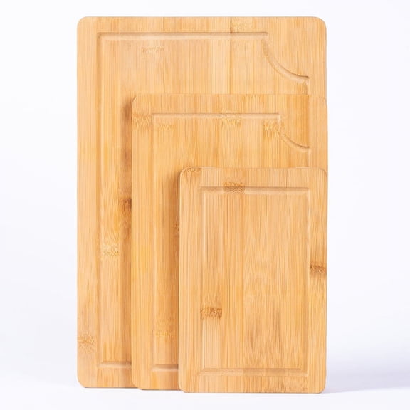 Bamboo Cutting Boards for Kitchen Wood Cutting Board - Set of 3, Bamboo Cutting Board Set with Juice Groove, Serving Board Set, Thick Chopping Board for Meat, Vegetables, Easy Grip Handle