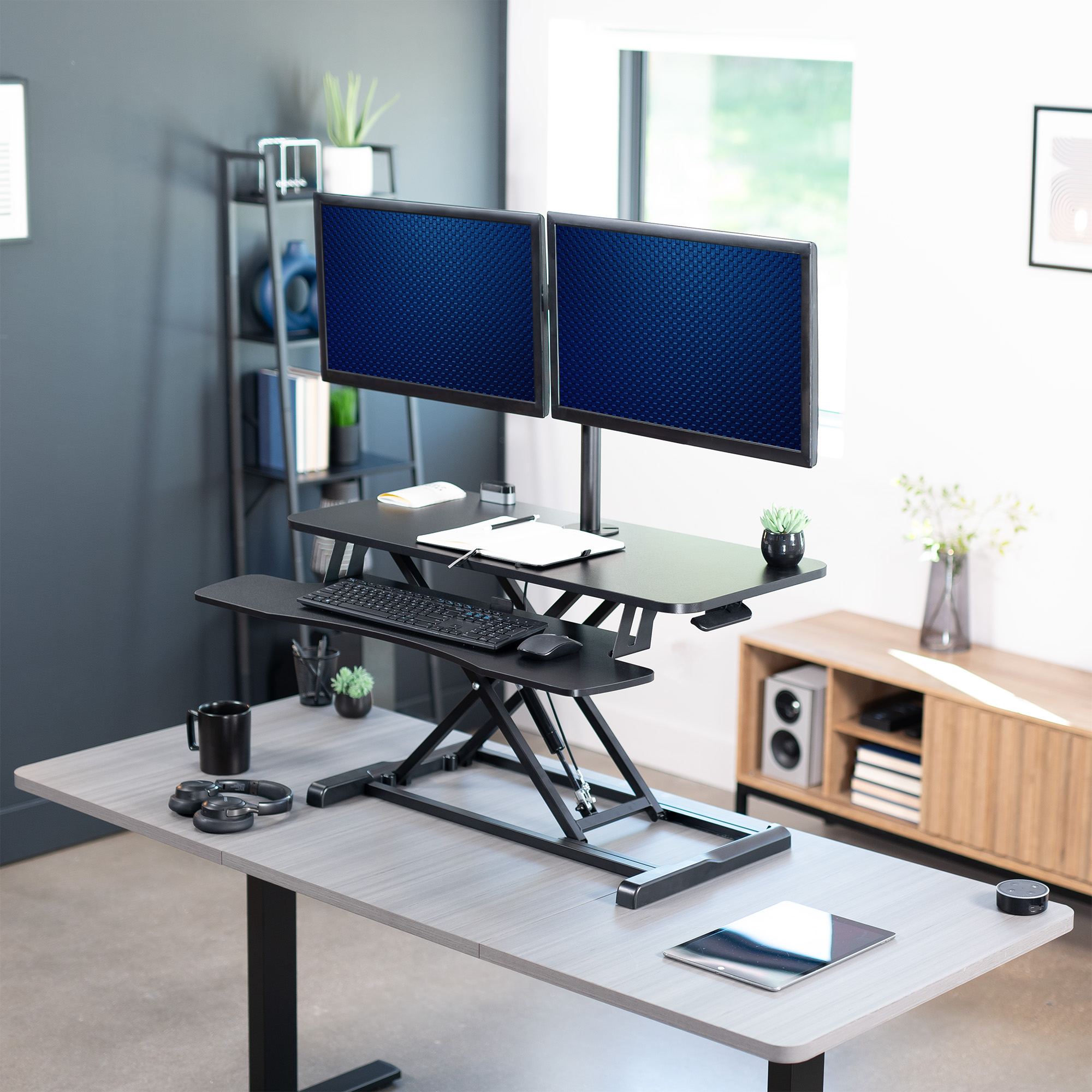 VIVO Black 36" Standing Desk Riser with Adjustable Dual 13" to 30" Monitor Mount