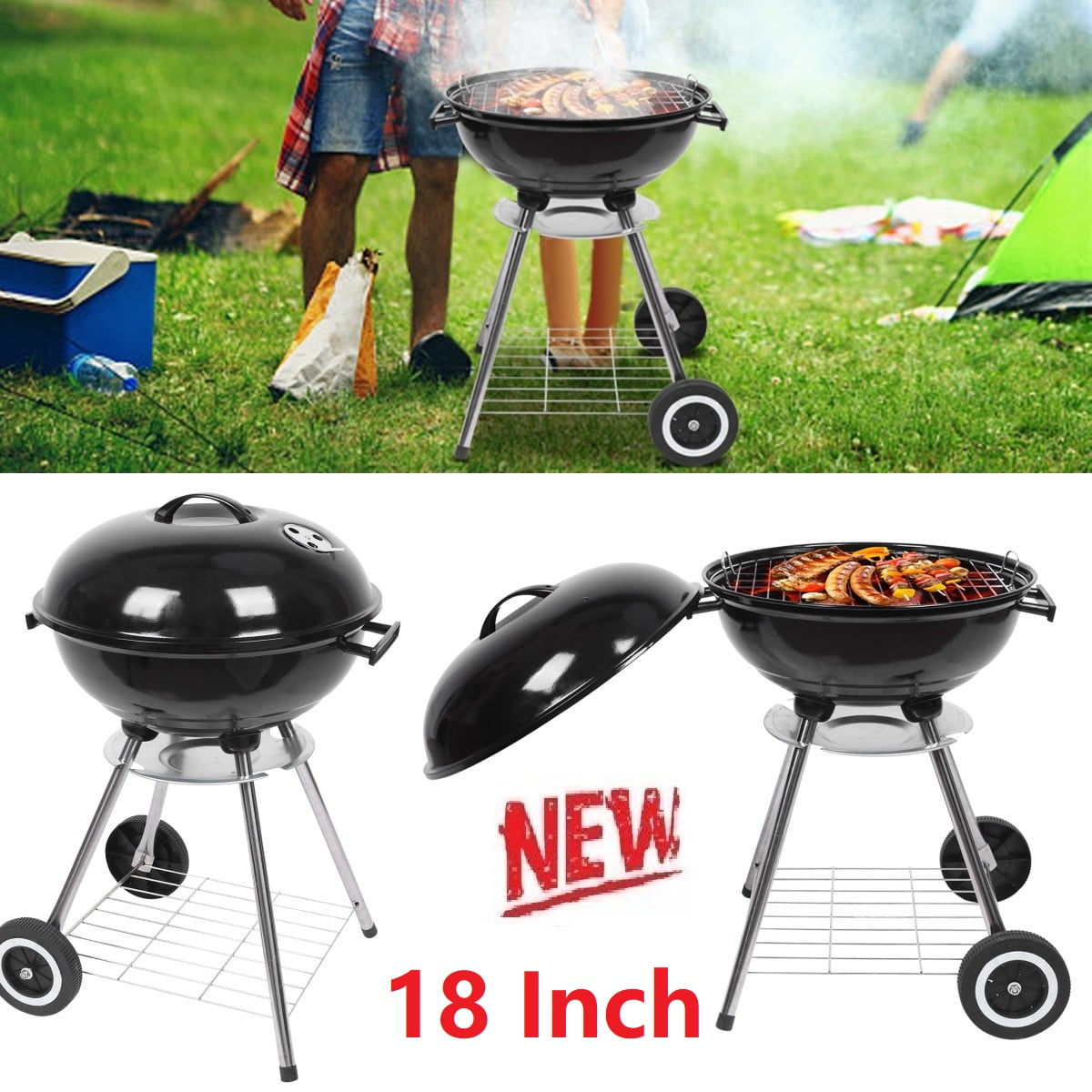 Round BBQ Grill Side Wood Chopping Board Adjustable Grills Level Bowl Barbeque 
