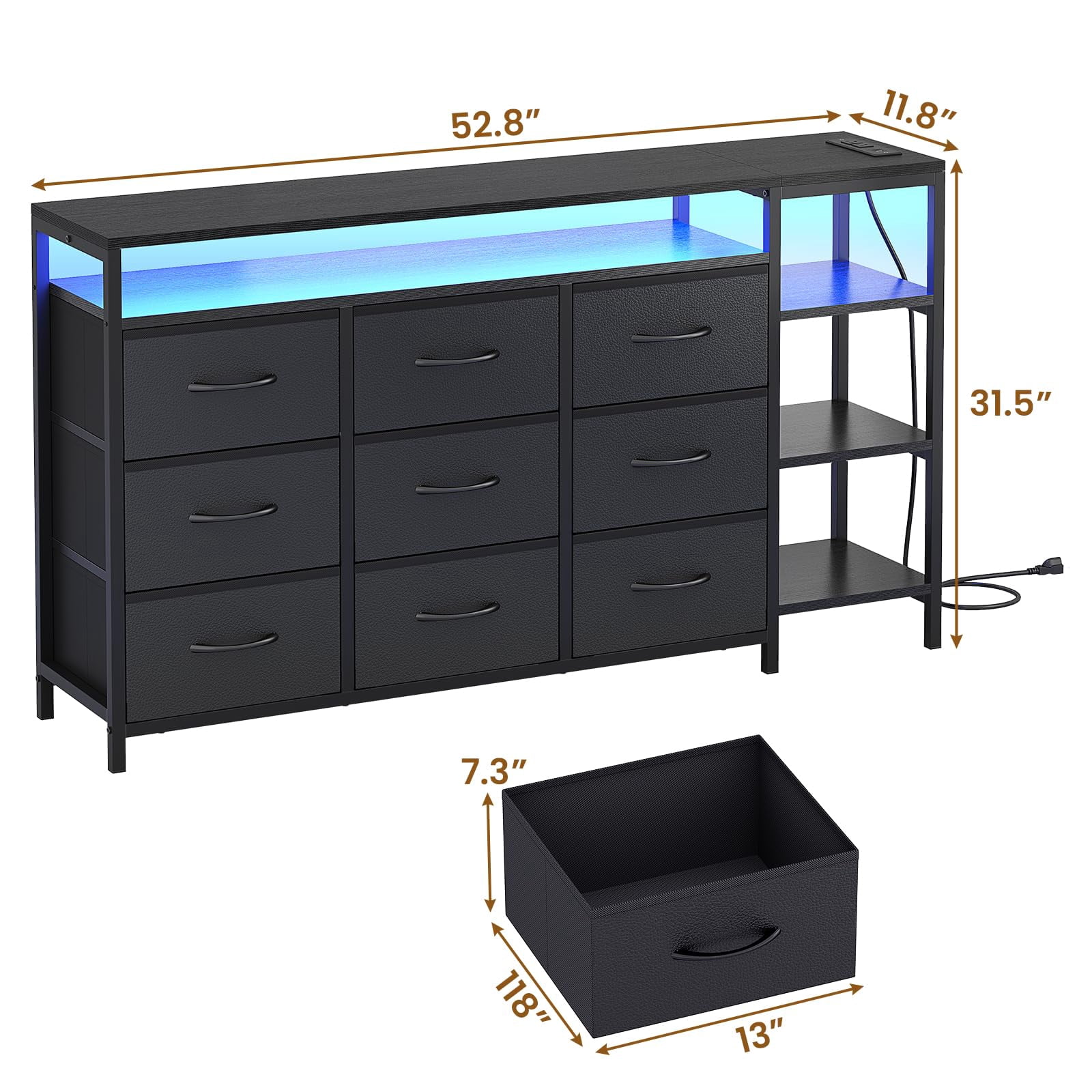 9 Drawers Dressers with LED Lights & Powers Outlets, 53" TV Stand Dresser for 60 Inch TV, Entertainment Center with Drawers & Open Shelves for Living Room, Bedroom, PU Black