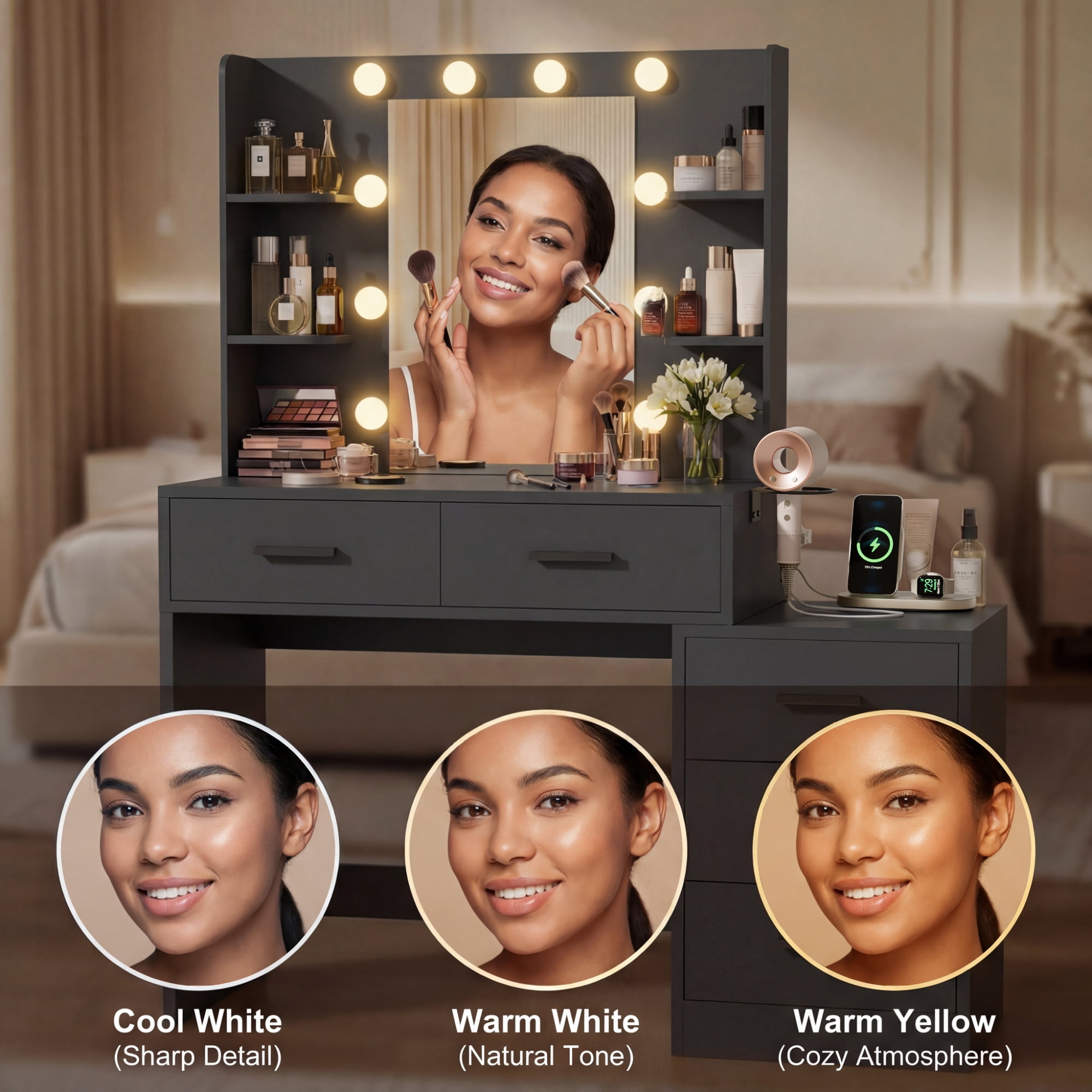 Homall Makeup Vanity Desk with LED Lights, Mirror & Power Outlet, Dressing Table with 4 Shelves and 5 Drawers, Vanity Set & Nightstand for Bedroom, Black