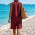 thumbnail image 4 of Women's Cotton Linen Outfit Stand Collar Sleeveless Henley Top Knee Length Bermuda Shorts Casual Set Wine L, 4 of 4