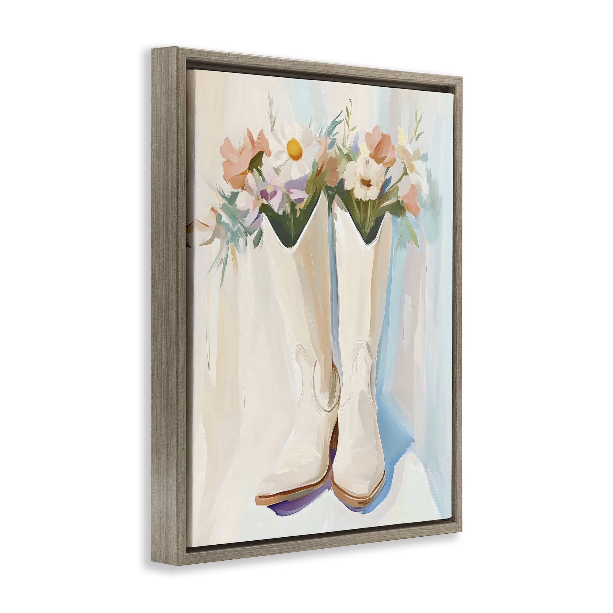 Stupell Industries Floral White Cowgirl Boots Brown Framed Floater Canvas Wall Art, design by The Prints Vibe