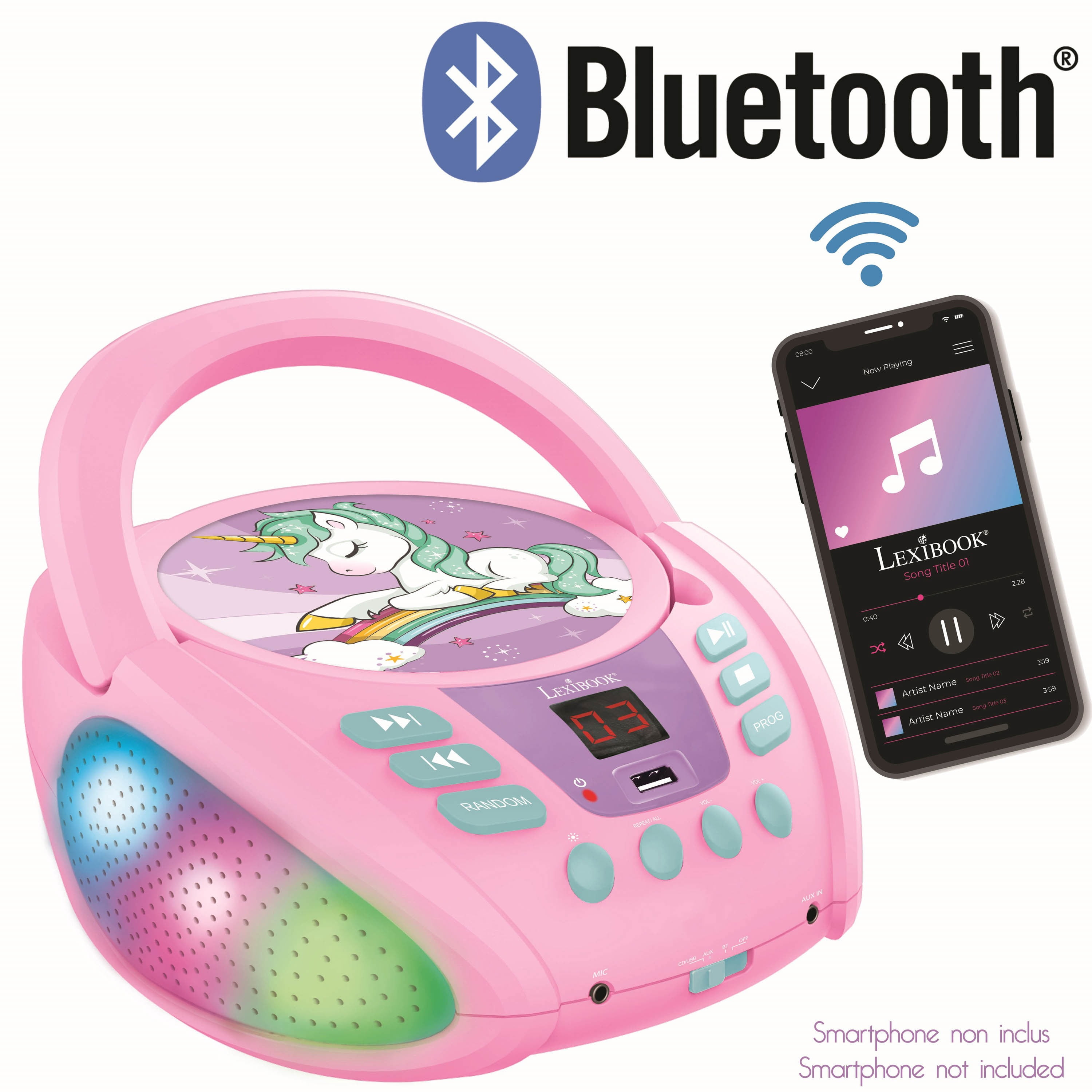 Lexibook Unicorn - Bluetooth CD player for kids – Portable, Multicoloured light effects, Microphone jack, Aux-in jack, AC or battery-operated, Girls, Boys, Pink