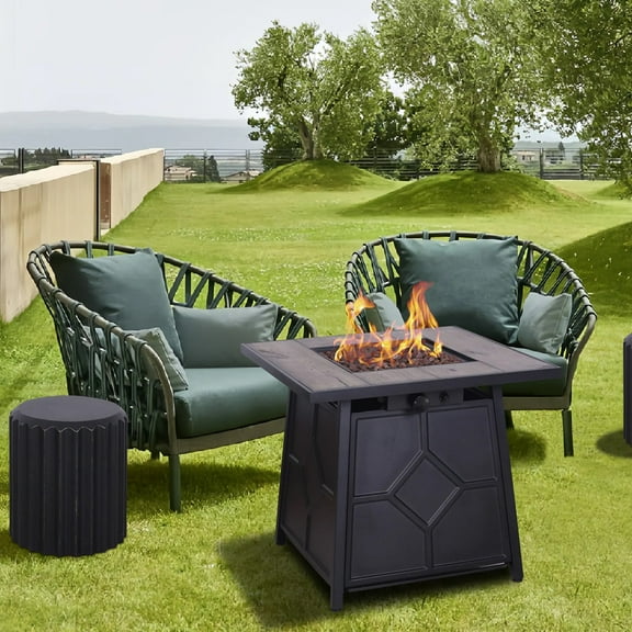28in Steel Propane Gas Fire Pit Table Faux Wood Tabletop Hideaway Tank Holder Fire Table Weather Cover With Lid Fireplace For Patio Garden Fire Heater
