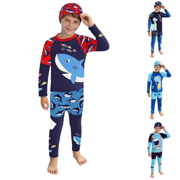 Einccm Boys' Swimwear Set for Kids Ages 3-10 Years - Long Sleeve UV Protection Swimsuit with Cartoon Sea Animal Shark Print, 2-Piece Full Coverage Swimsuit and Matching Swim Cap