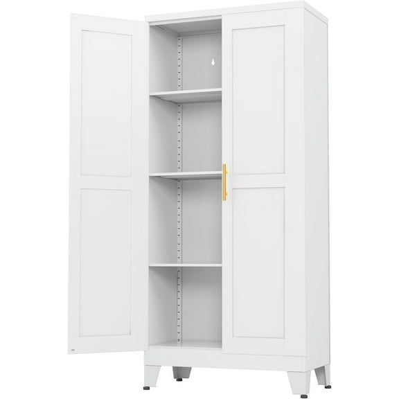 White Metal Cabinets with Doors and Shelves, 61" H Storage Cabinet Pantry Cabinet Garage Cabinets for Kitchen, Living Room, Dinning Room