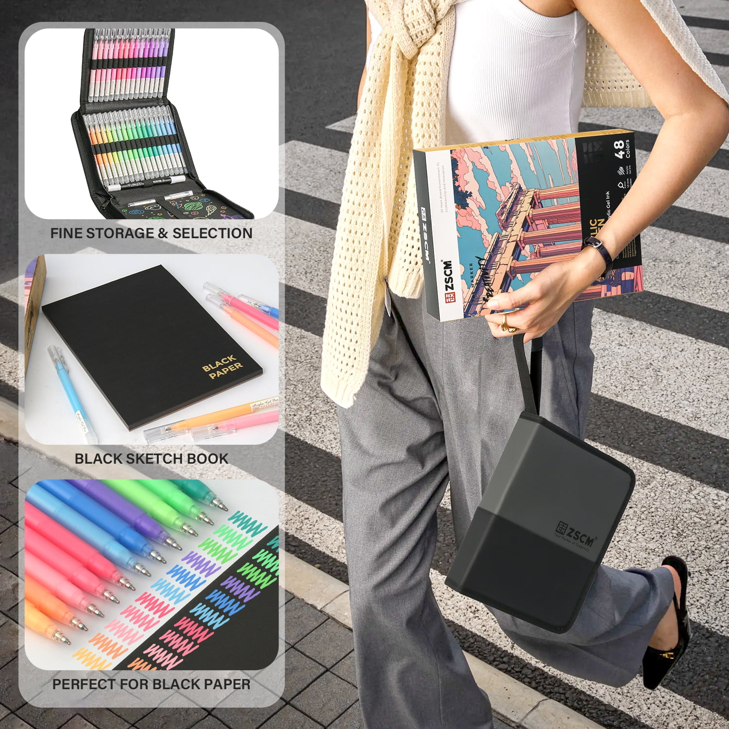 Black Paper Sketchbook & 48 Colors Acrylic Gel Pens for Drawing, 1mm Fine Point Acrylic Ink Pen for Black Paper, Sketching, Illustration, Card Making