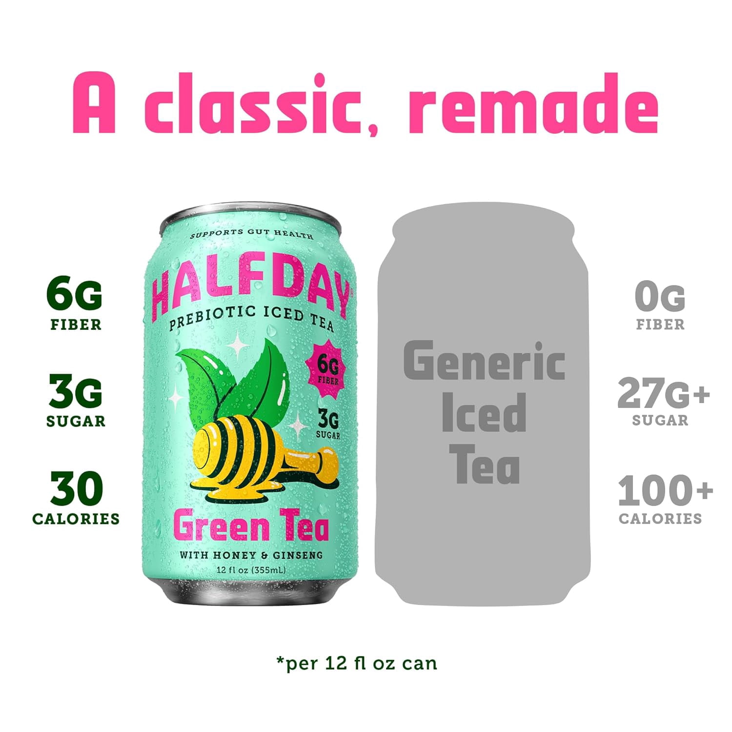 (12 pack) Halfday Prebiotic Green Iced Tea with Honey & Ginseng, 6g Fiber, 3g Sugar, 30 Cal, 12 fl oz