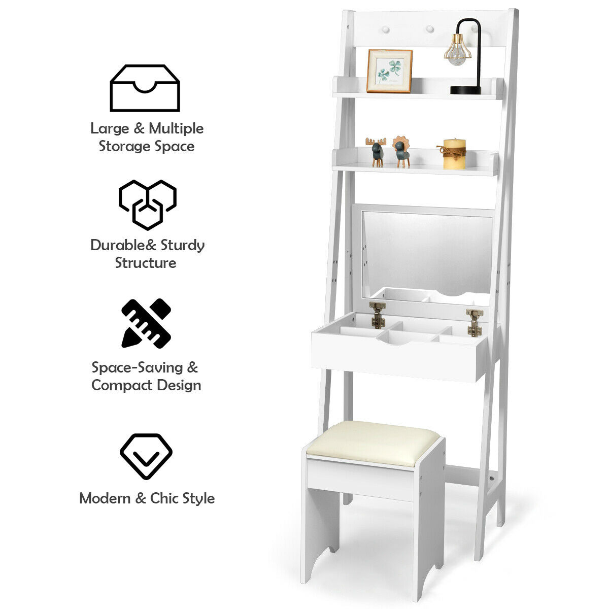 Gymax Makeup Dressing Table Vanity Set with Flip Top Mirror Hooks Shelves