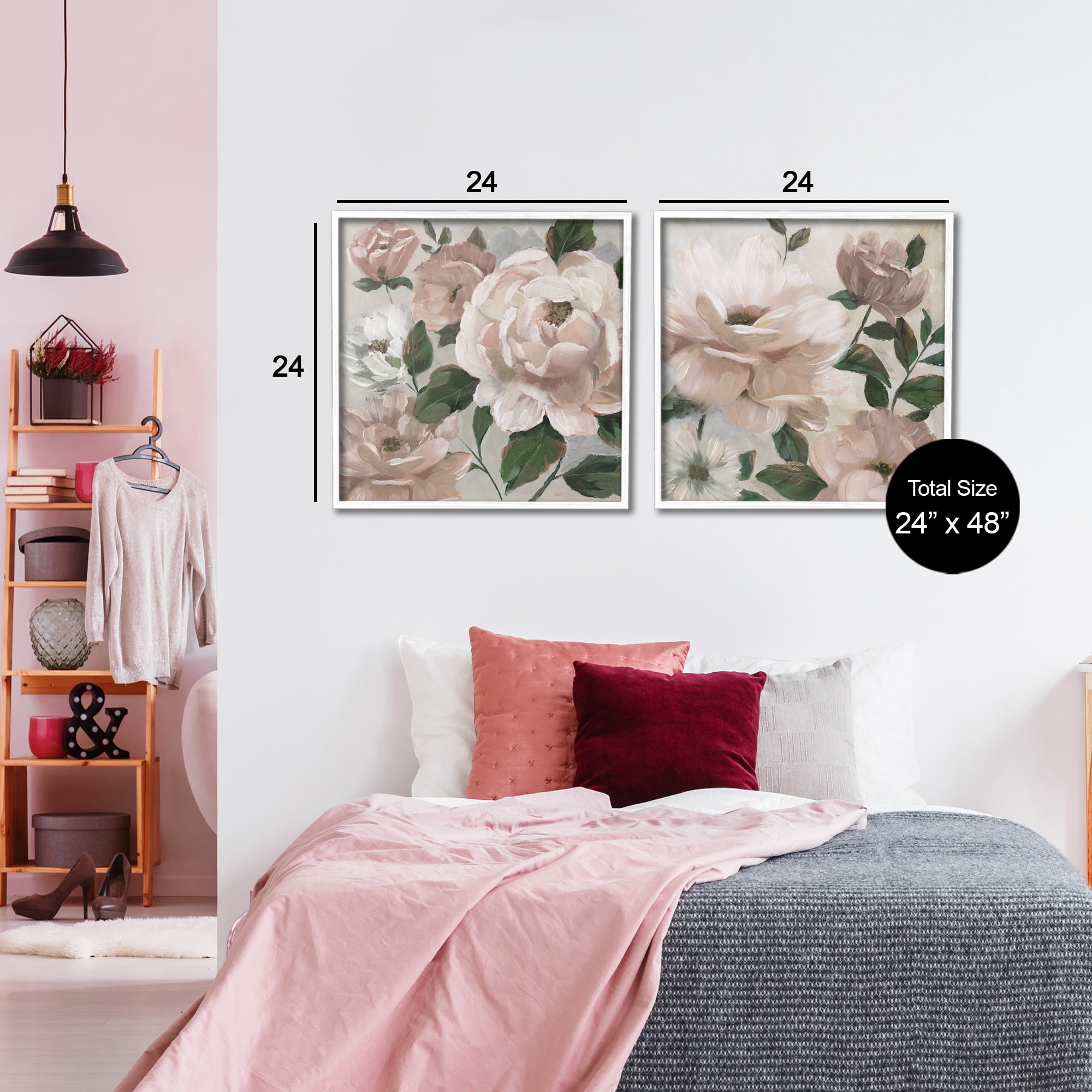 Stupell Industries Elegant Blush Peonies & Leaves 2 Piece White Framed Giclee Art Set, design by Nan