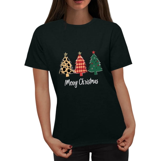 Fiudx Ofertas Del Día Blusa de Moda Informal con Cuello Redondo y Estampado Navideño para Mujer