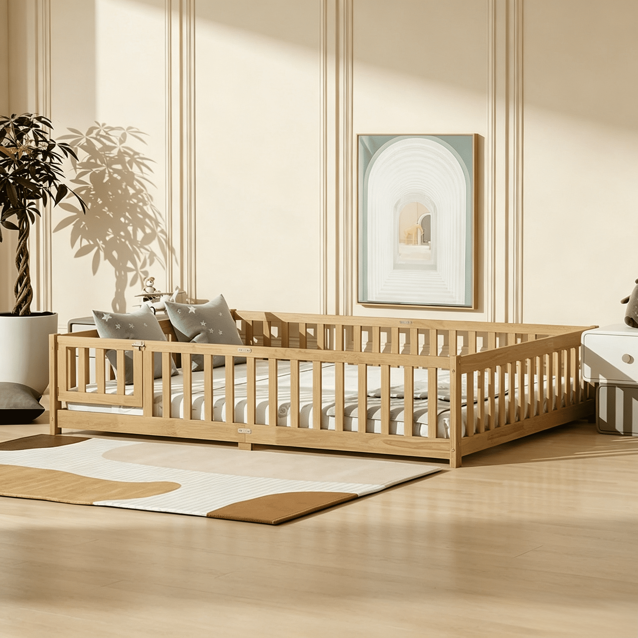 Queen Size Rubber Wood Montessori Floor Bed with Full Surround Safety Guardrails & Access Door, 7 Plywood Slats Support, No Box Spring Needed, 500LBS Capacity for Kids Bedroom