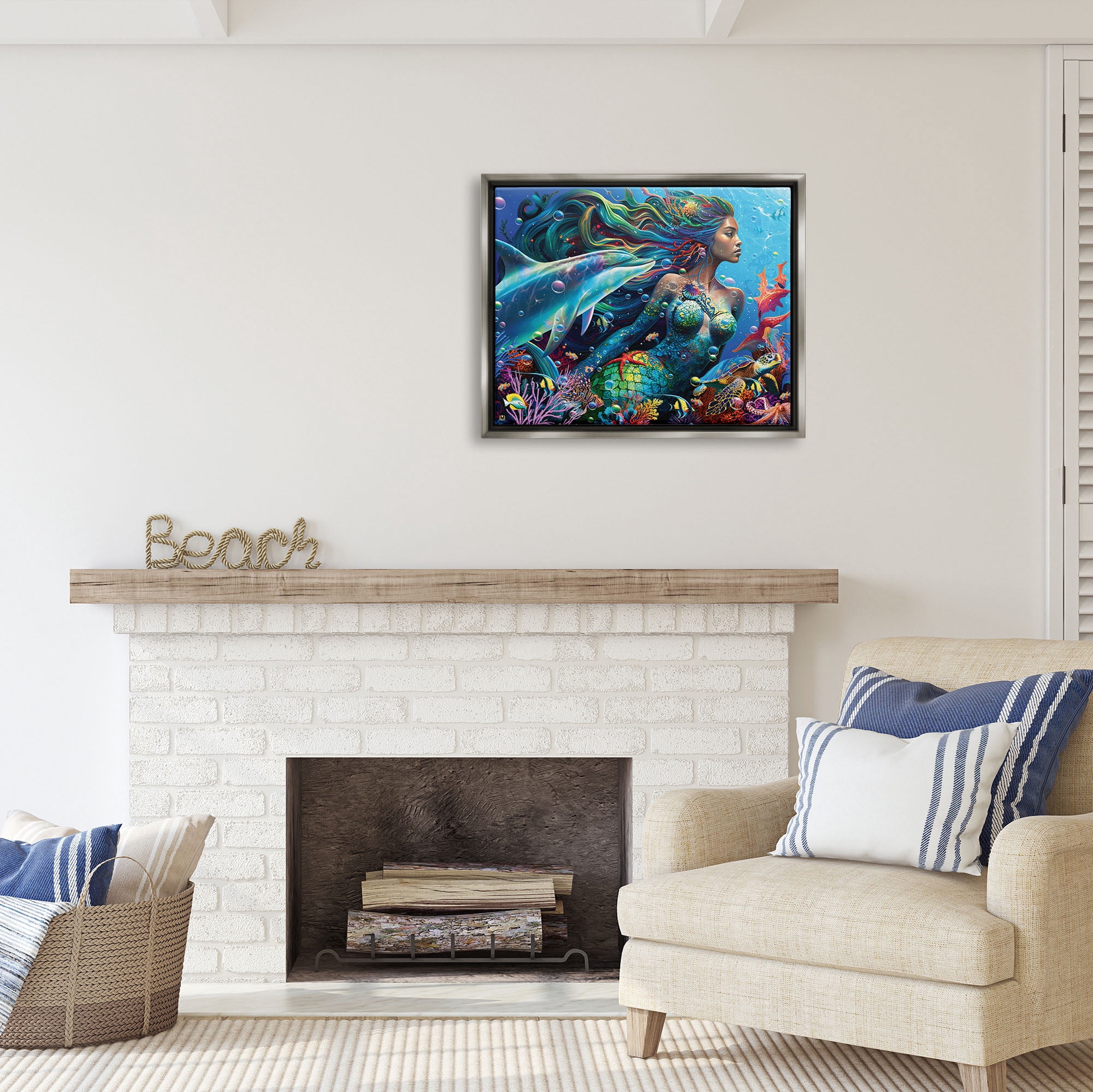 Stupell Industries Mermaid Underwater Sea Life Fairy Tales & Fantasy Painting Gray Floater Framed Art Print Wall Art, 31 x 25