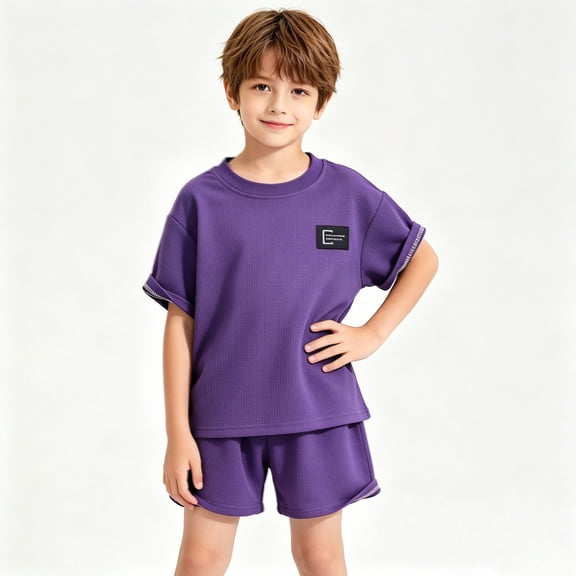 ITSAME Boys Summer Outfit Sets Crewneck T-Shirt and Shorts 2-Piece Kids Loose Casual Clothes Purple Size 12-18M
