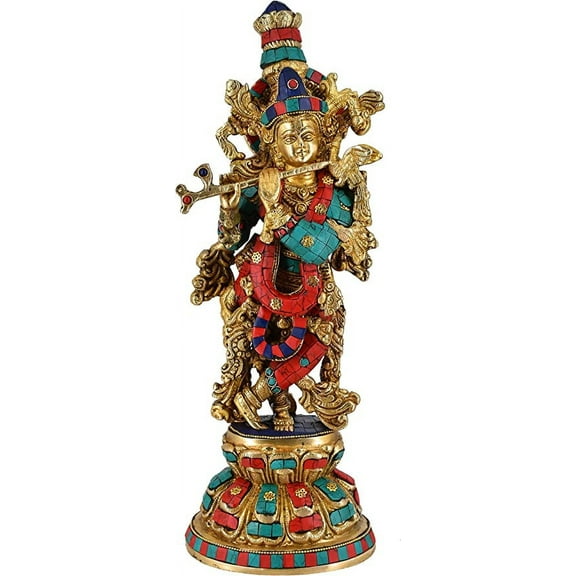 White Whale Lord Krishna Brass Statue with Multicolor Stone Work Religious Strength God Sculpture Idol Home Decor Figurine