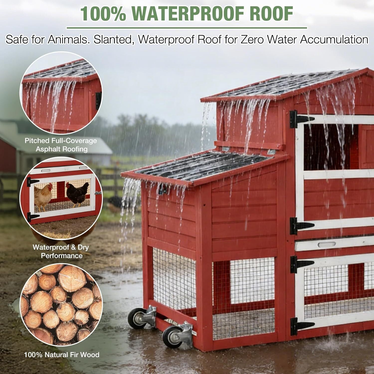 Aivituvin Mobile Chicken Coop with Wheels for 4-6 Chickens, Large Outdoor Hen House with Run, Weatherproof Roof, Sectionable Nesting Box, Pull-Out Tray, 83.3" L x 26" W x 42" H - Red